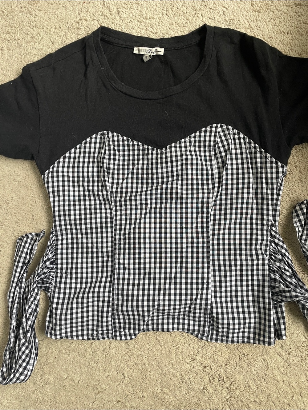 Express Black Tee with Black-and-White Gingham Corset Front